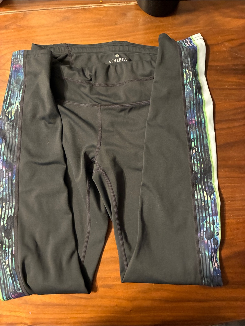 Athleta Black Leggings with Multicolor Side Panels and Neon Trim